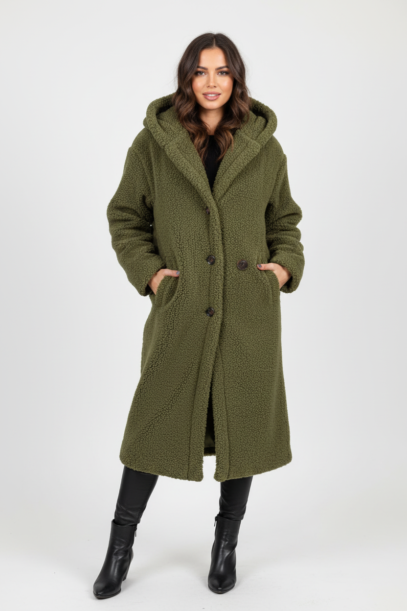 Warme lange teddy damesmantel met luxe fleecevoering