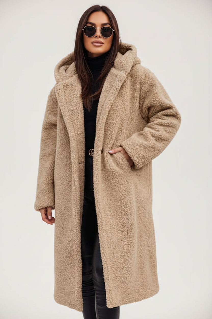 Warme lange teddy damesmantel met luxe fleecevoering