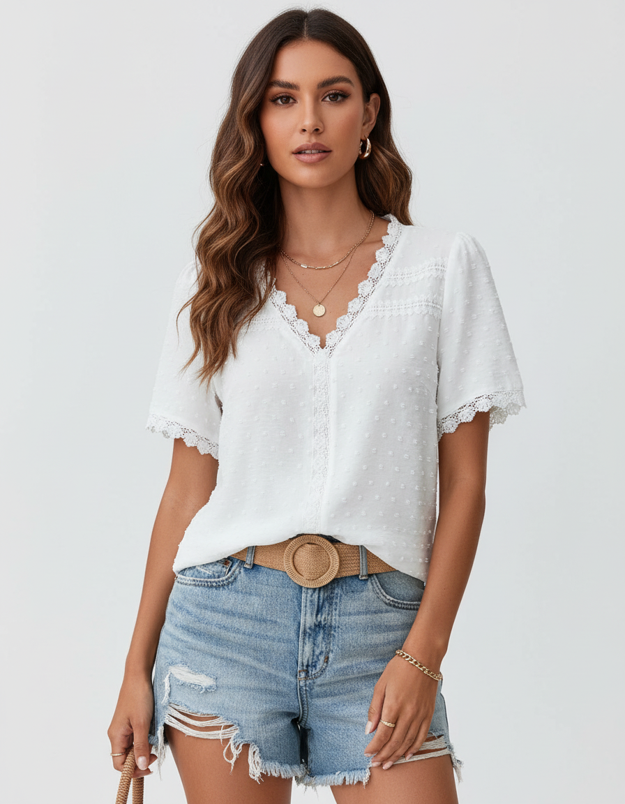 Witte dames blouse met kant en v-hals - Elin