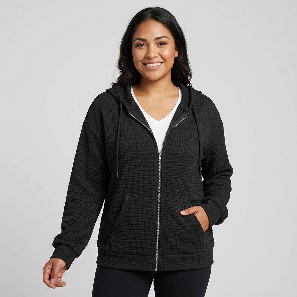 Zacht dames vest met rits en capuchon in wafelstructuur