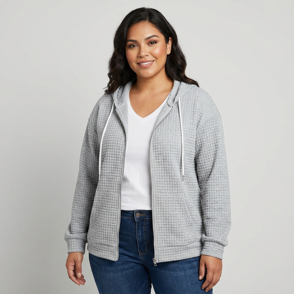 Zacht dames vest met rits en capuchon in wafelstructuur