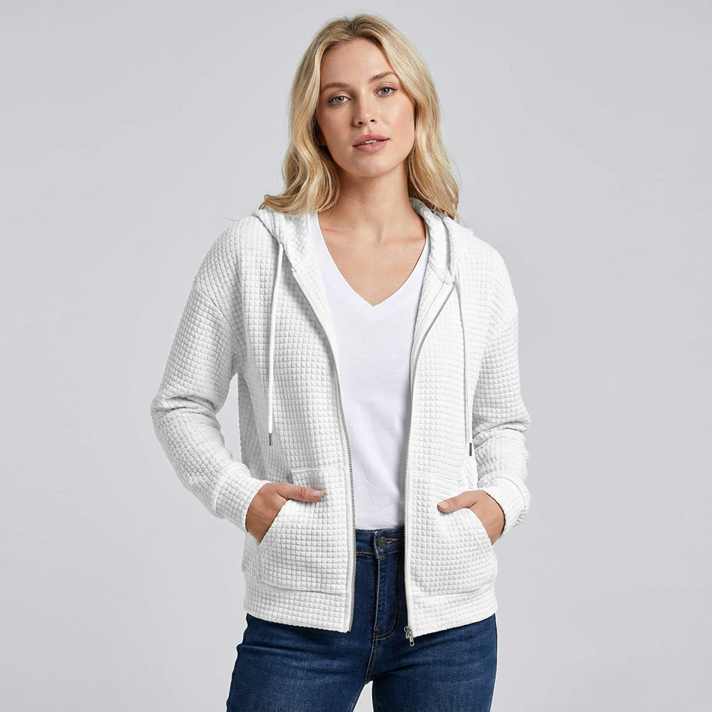 Zacht dames vest met rits en capuchon in wafelstructuur