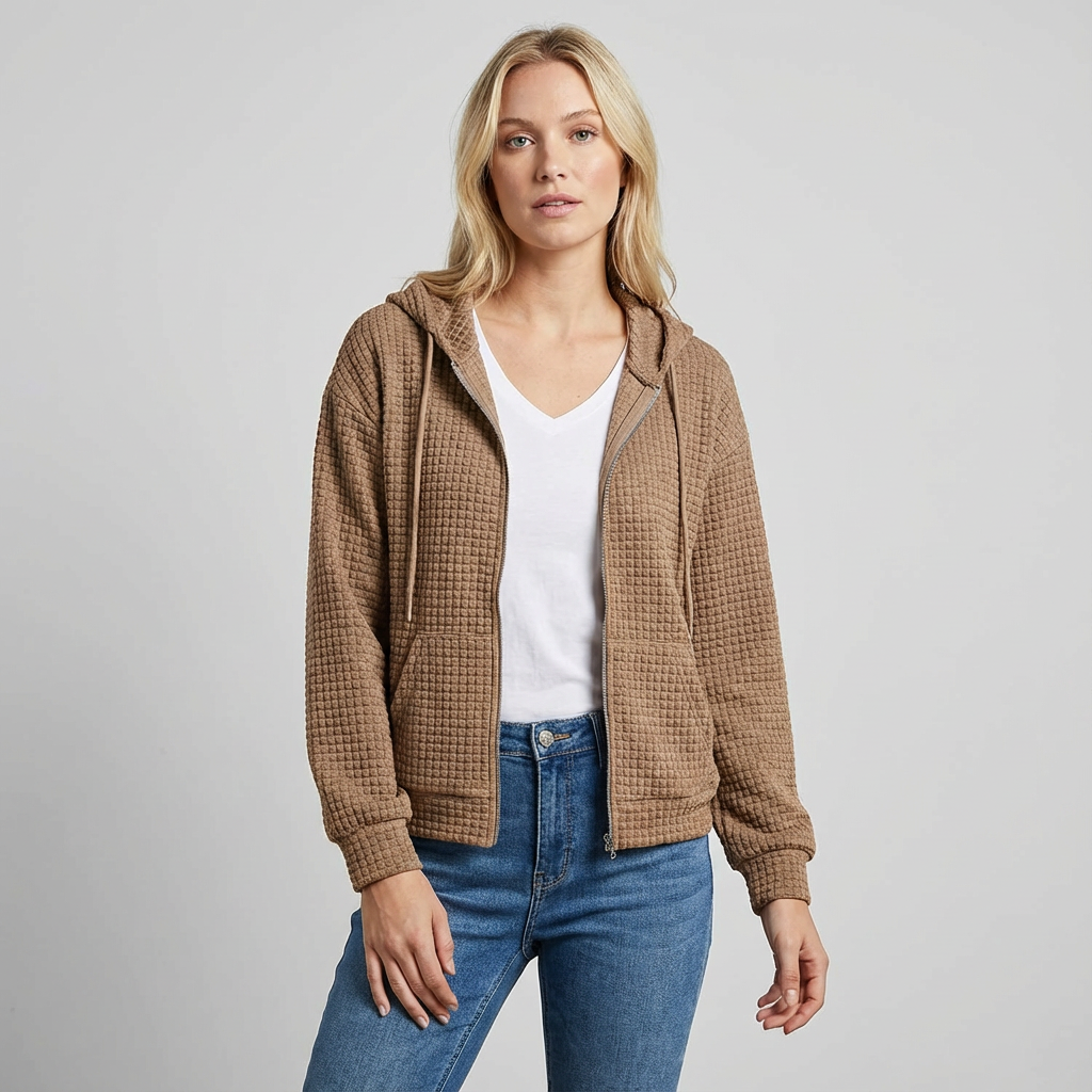 Zacht dames vest met rits en capuchon in wafelstructuur