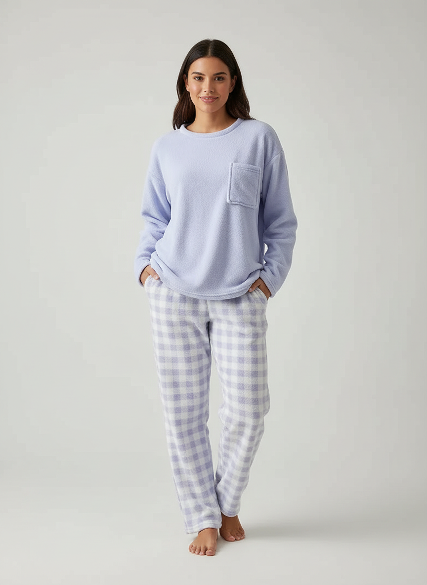 Zachte fleece dames pyjama set met lange mouwen en ruitbroek