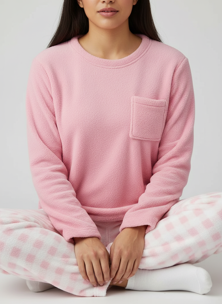 Zachte fleece dames pyjama set met lange mouwen en ruitbroek