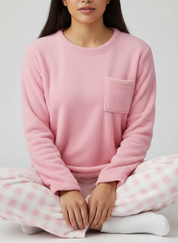 Zachte fleece dames pyjama set met lange mouwen en ruitbroek