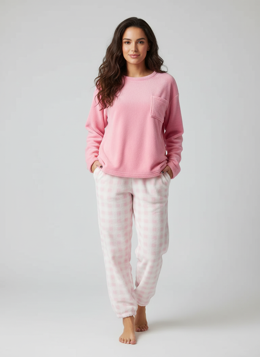 Zachte fleece dames pyjama set met lange mouwen en ruitbroek