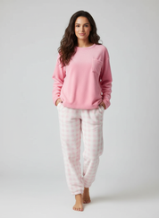 Zachte fleece dames pyjama set met lange mouwen en ruitbroek