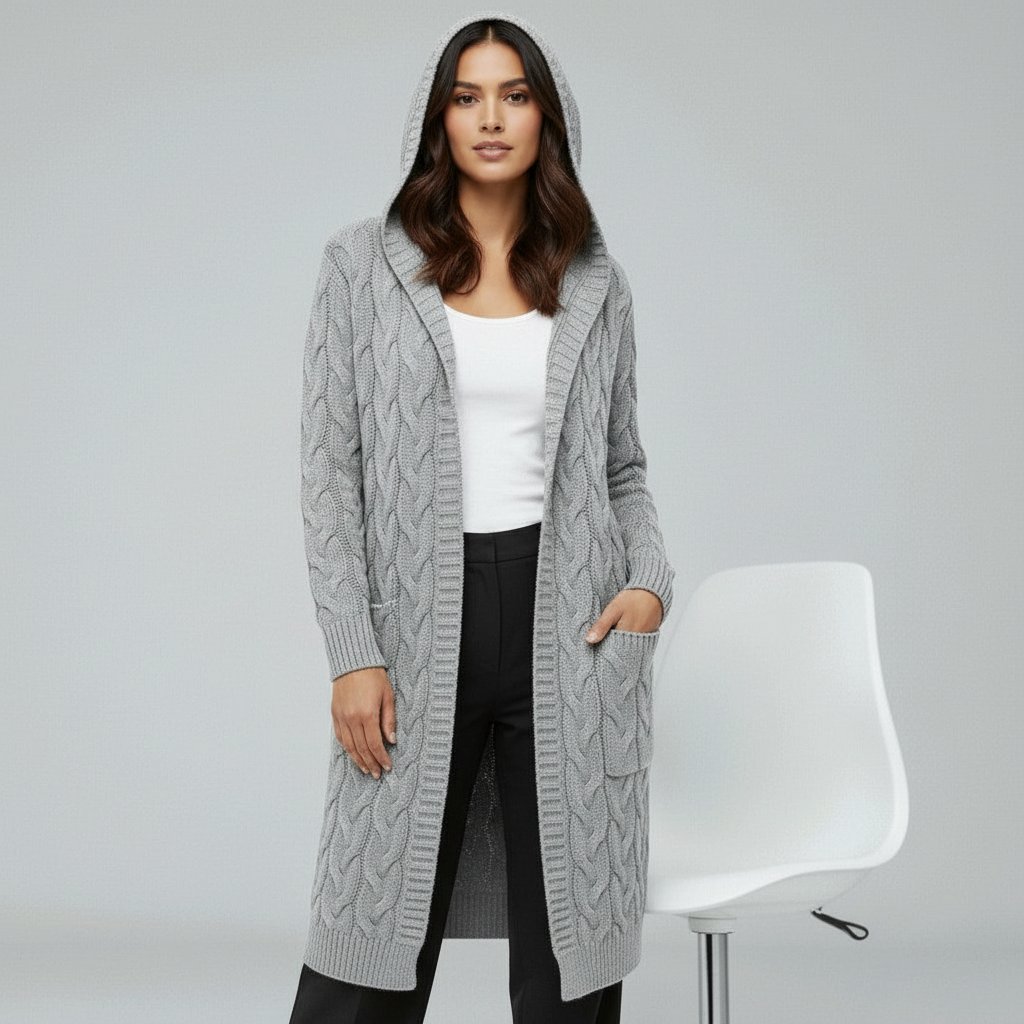 Zachte kabelgebreide lange damescardigan met capuchon