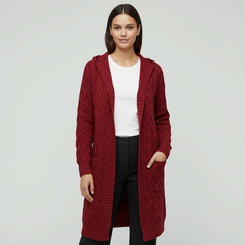 Zachte kabelgebreide lange damescardigan met capuchon