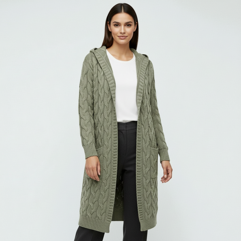 Zachte kabelgebreide lange damescardigan met capuchon