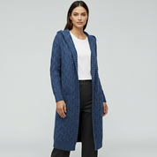 Zachte kabelgebreide lange damescardigan met capuchon