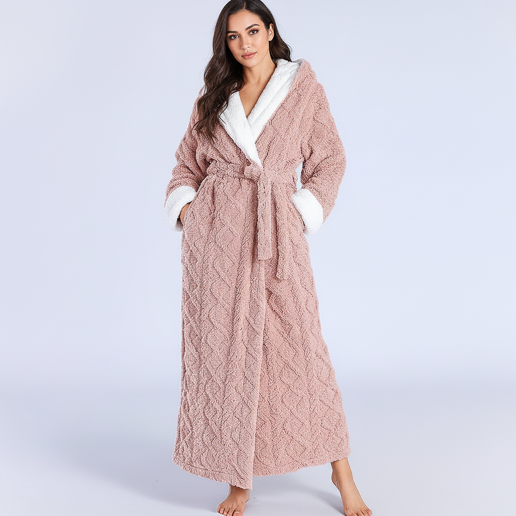Zachte lange damesbadjas met capuchon