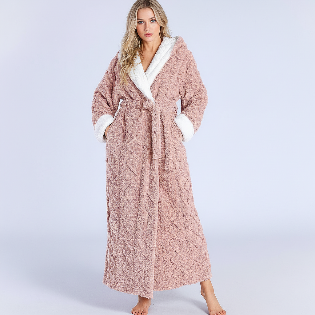Zachte lange damesbadjas met capuchon