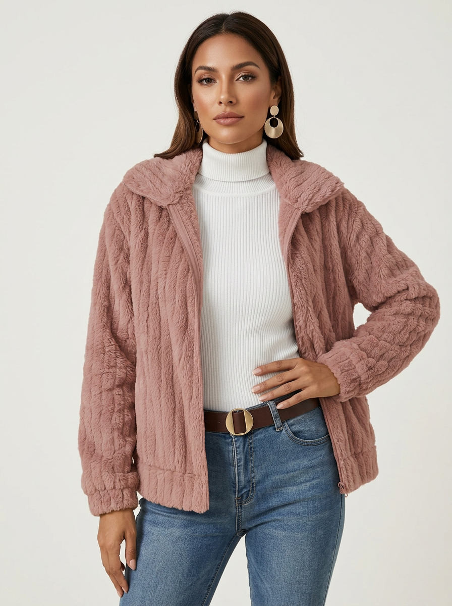 Zachte pluizige teddy damesjas met rits
