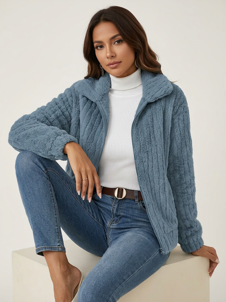Zachte pluizige teddy damesjas met rits