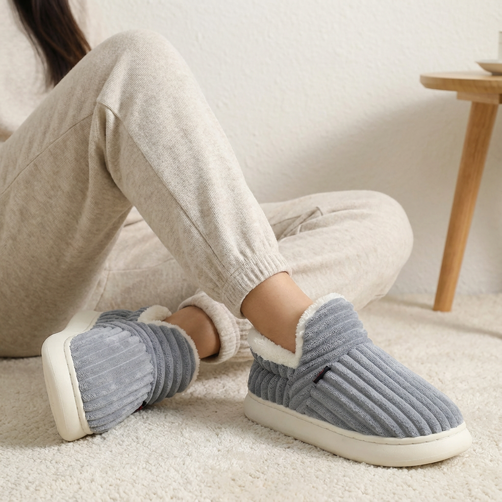 Zachte ribpantoffels met teddy voering