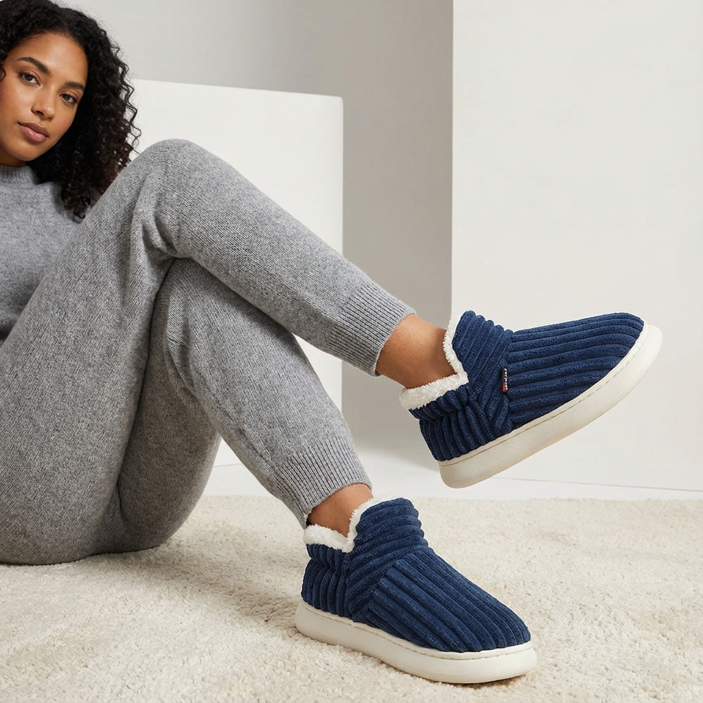 Zachte ribpantoffels met teddy voering