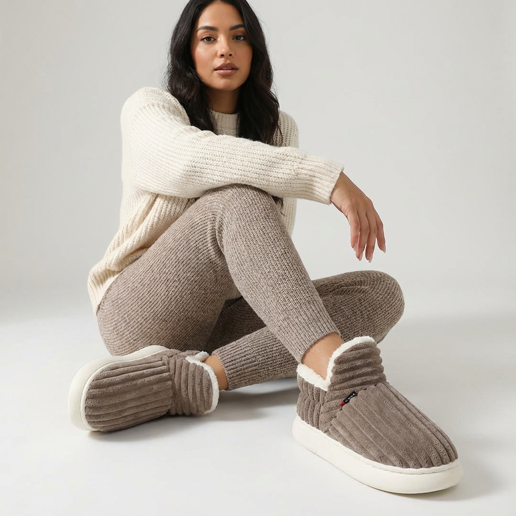 Zachte ribpantoffels met teddy voering