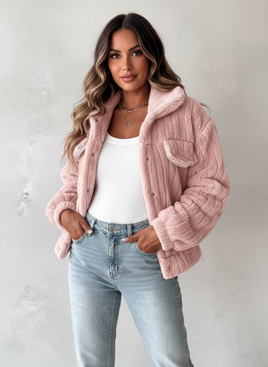 Zachte rib sherpa jas dames met drukknoopsluiting – Amira