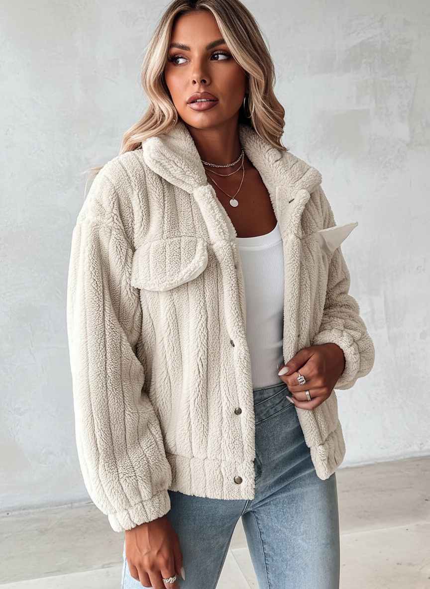 Zachte rib sherpa jas dames met drukknoopsluiting – Amira