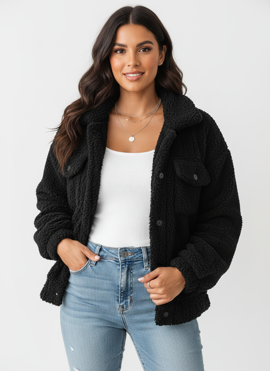 Zachte rib sherpa jas dames met drukknoopsluiting – Amira