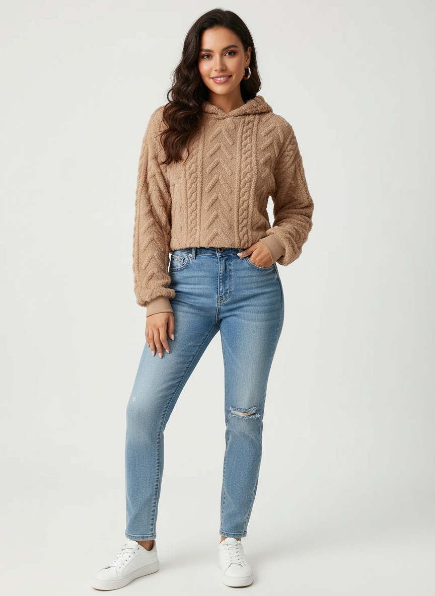 Zachte teddy dames hoodie met structuur – Elyse