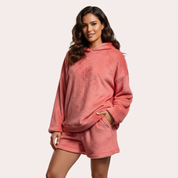 Zachte teddy lounge set met hoodie en shorts – Meow