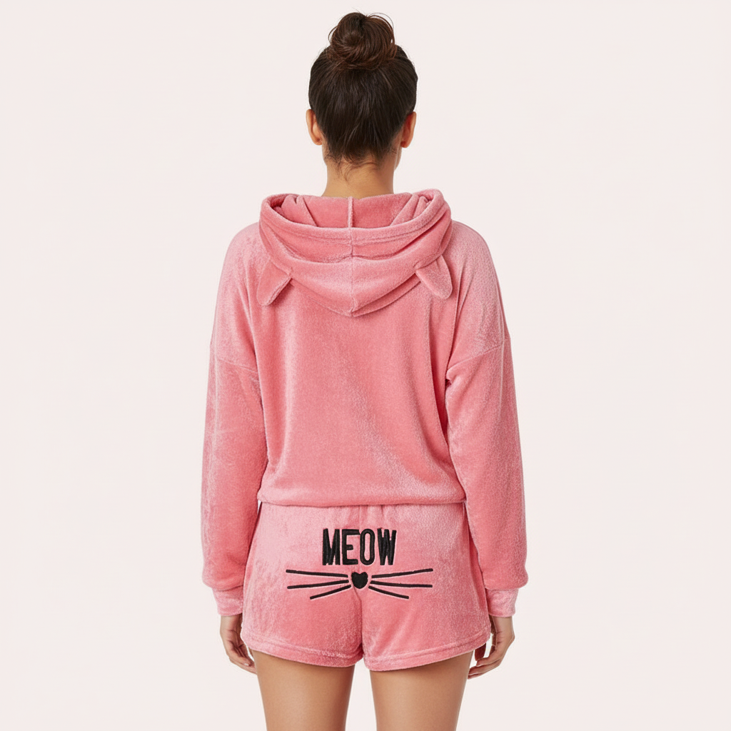 Zachte teddy lounge set met hoodie en shorts – Meow