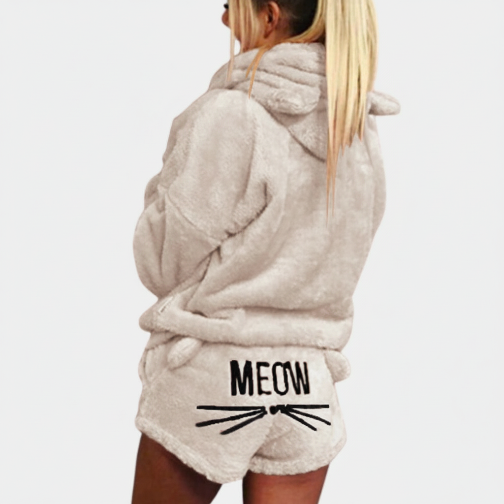 Zachte teddy lounge set met hoodie en shorts – Meow