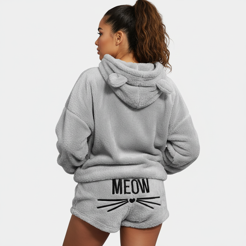 Zachte teddy lounge set met hoodie en shorts – Meow