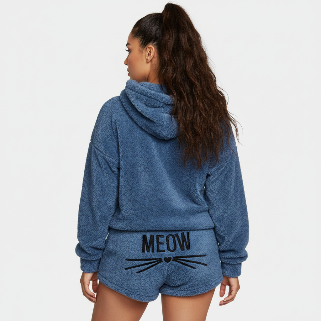 Zachte teddy lounge set met hoodie en shorts – Meow