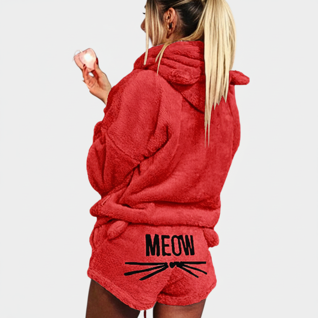 Zachte teddy lounge set met hoodie en shorts – Meow