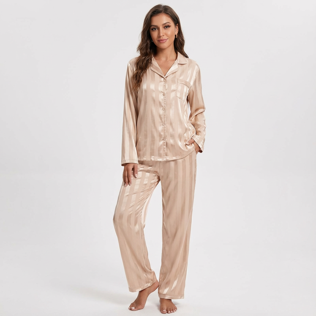 Zijdezachte gestreepte satijnen damespyjama