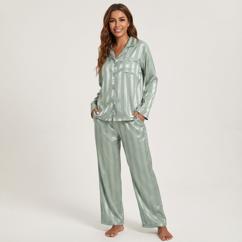 Zijdezachte gestreepte satijnen damespyjama