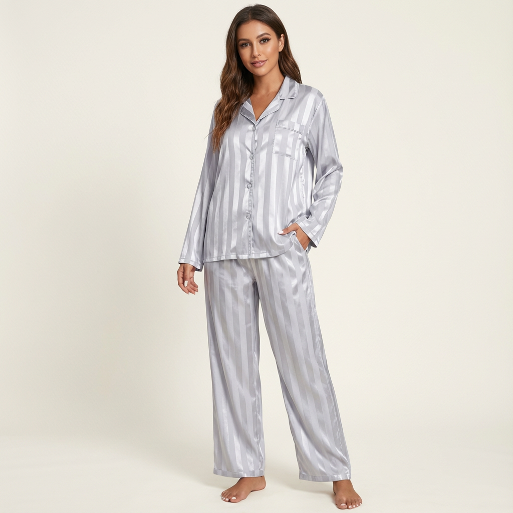 Zijdezachte gestreepte satijnen damespyjama