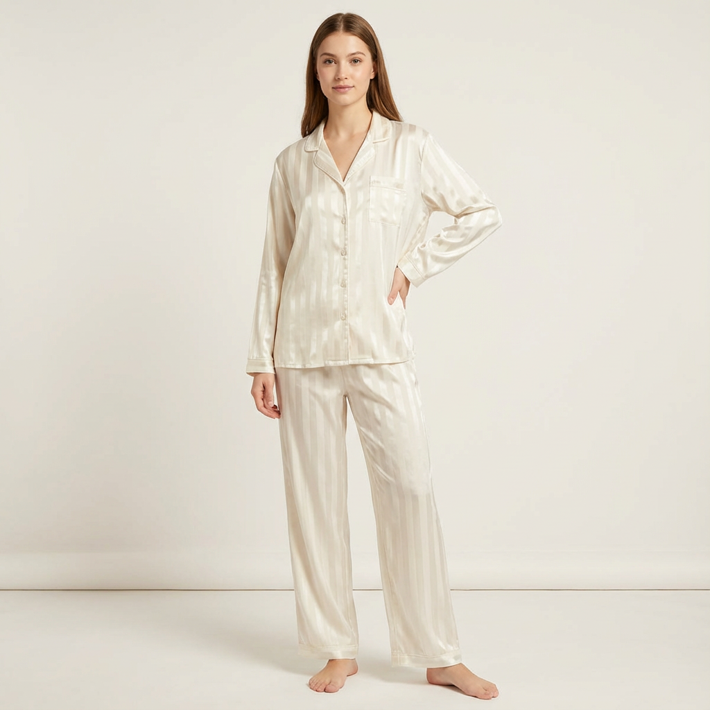 Zijdezachte gestreepte satijnen damespyjama