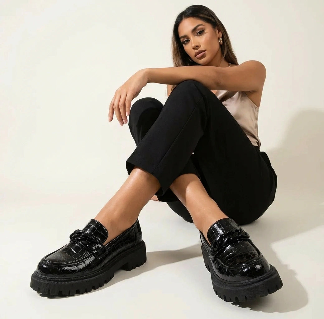 Zwarte croco platform loafers – Maëlle