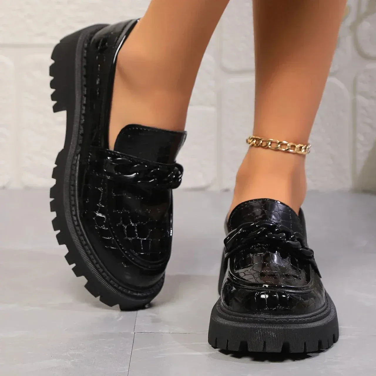 Zwarte croco platform loafers – Maëlle