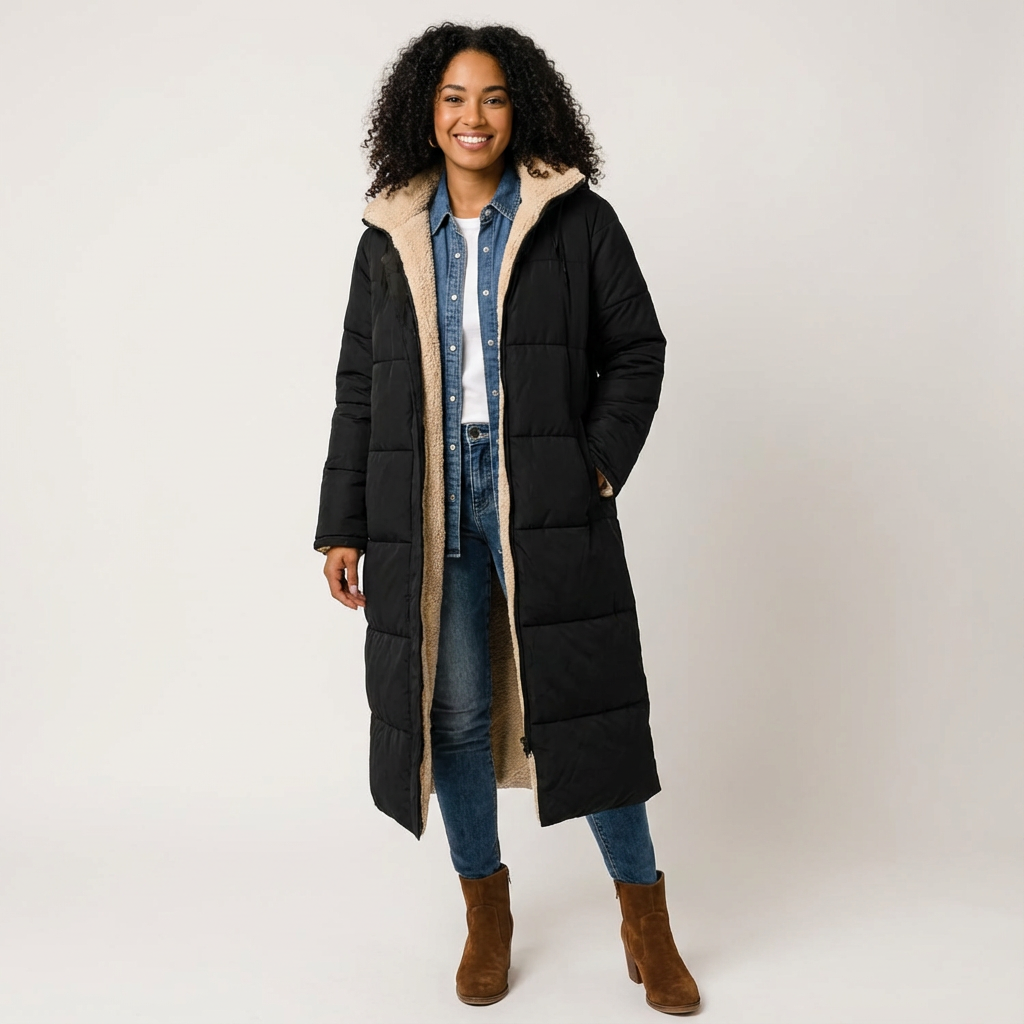 Dames lange gevoerde jas met teddy voering