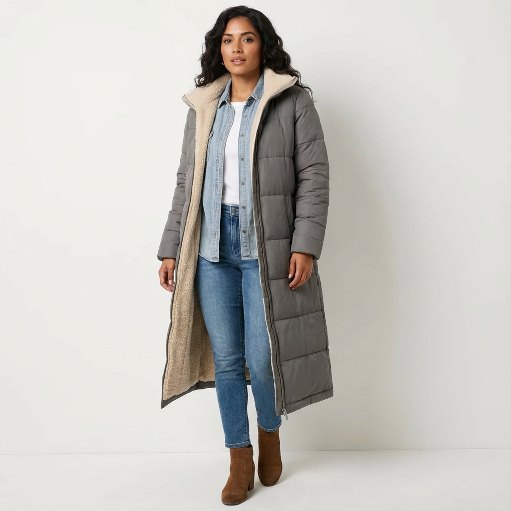 Dames lange gevoerde jas met teddy voering