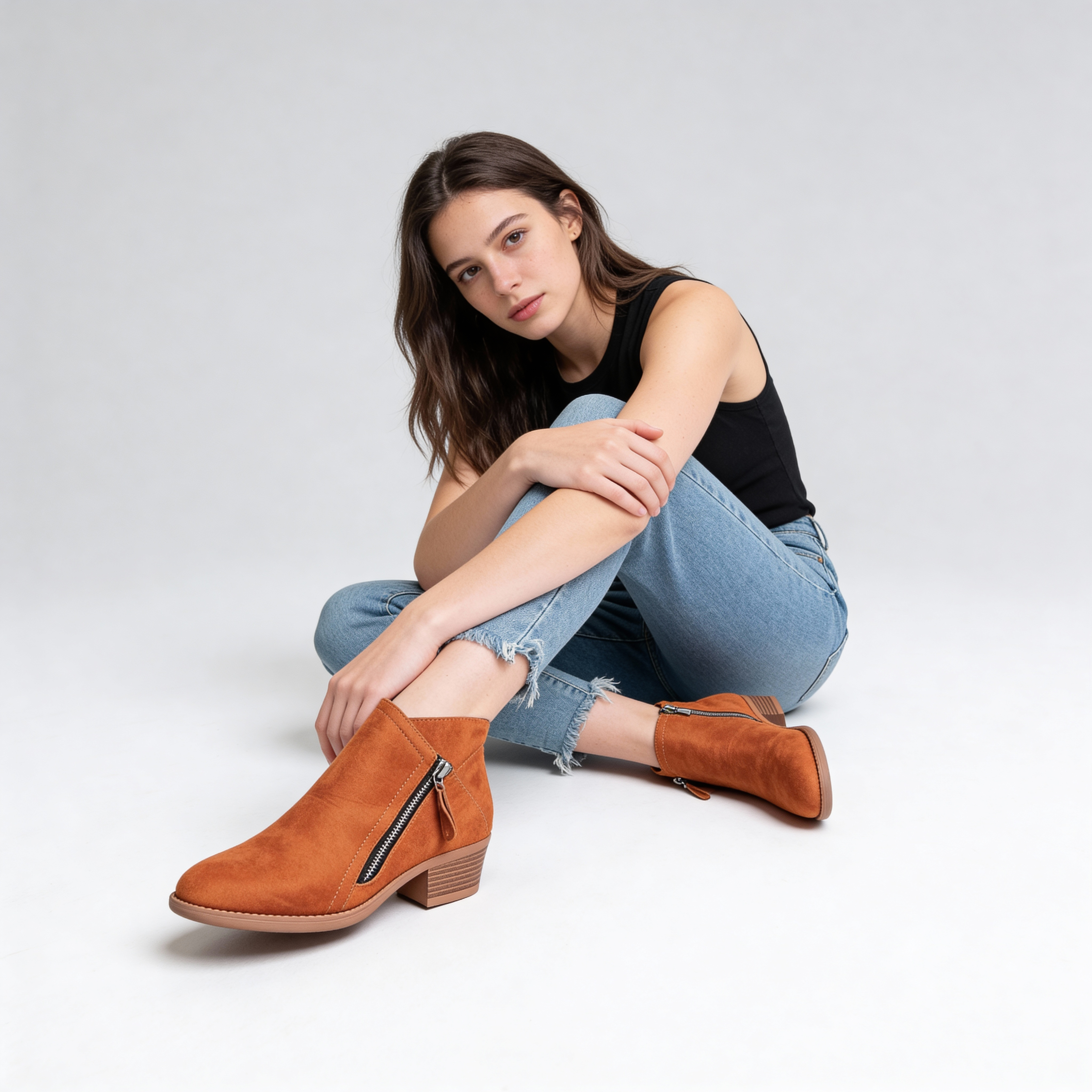 Leren enkellaarsjes met blokhak voor vrouwen